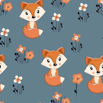 Seamless pattern with cute fox baby on color background. Funny forest animals Stock Illustration