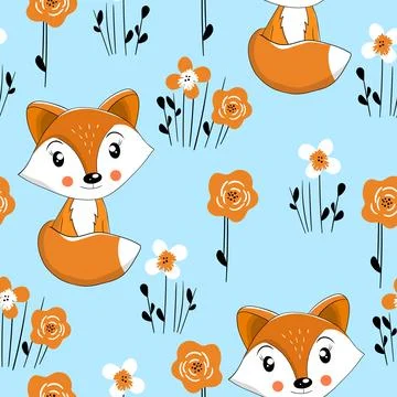 Seamless pattern with cute fox baby on color background. Funny forest animals Illustrazione stock