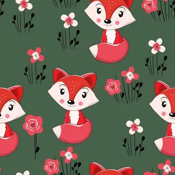 Seamless pattern with cute fox baby on color background. Funny forest animals Illustrazione stock