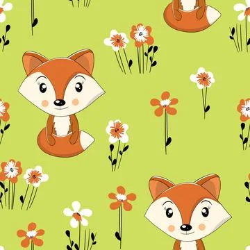 Seamless pattern with cute fox baby on color background. Funny forest animals Stockillustratie