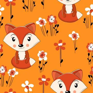 Seamless pattern with cute fox baby on color background. Funny forest animals Illustrazione stock