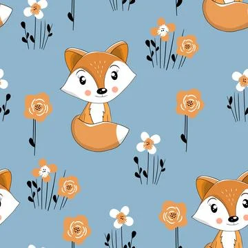 Seamless pattern with cute fox baby on color background. Funny forest animals Illustrazione stock