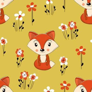 Seamless pattern with cute fox baby on color background. Funny forest animals イラスト素材