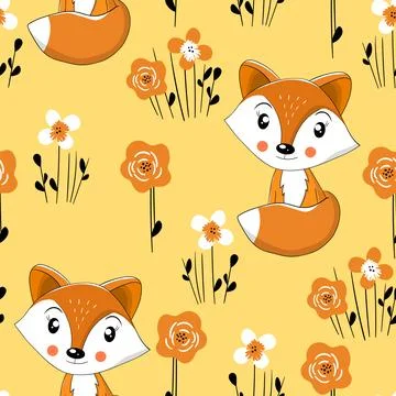 Seamless pattern with cute fox baby on color background. Funny forest animals Illustrazione stock