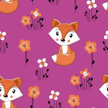 Seamless pattern with cute fox baby on color background. Funny forest animals イラスト素材