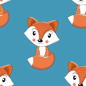 Seamless pattern with cute fox baby on color background. Funny forest animals イラスト素材