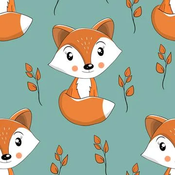 Seamless pattern with cute fox baby on color background. Funny forest animals Stock Illustration