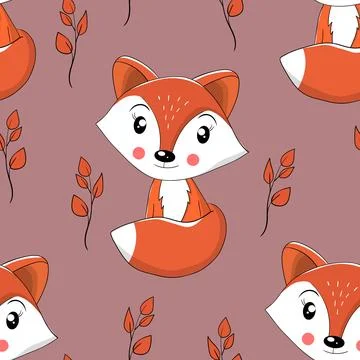 Seamless pattern with cute fox baby on color background. Funny forest animals Illustrazione stock