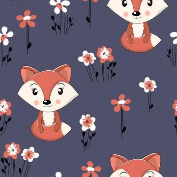Seamless pattern with cute fox baby on color background. Funny forest animals Stock Illustration