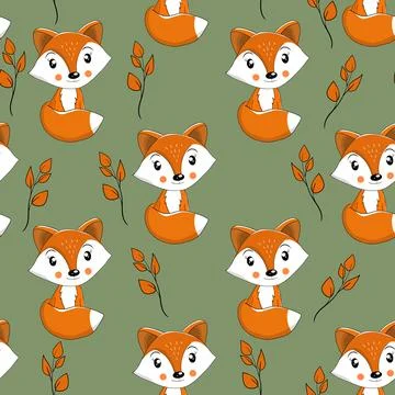 Seamless pattern with cute fox baby on color background. Funny forest animals イラスト素材