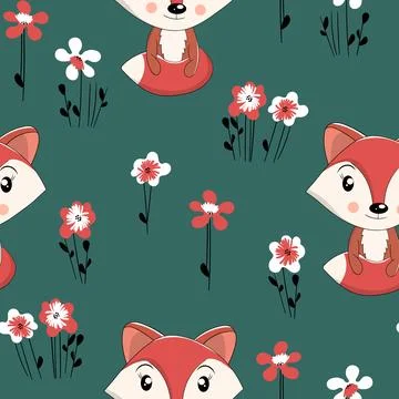 Seamless pattern with cute fox baby on color background. Funny forest animals Illustrazione stock