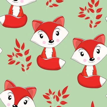 Seamless pattern with cute fox baby on color background. Funny forest animals 库存插图