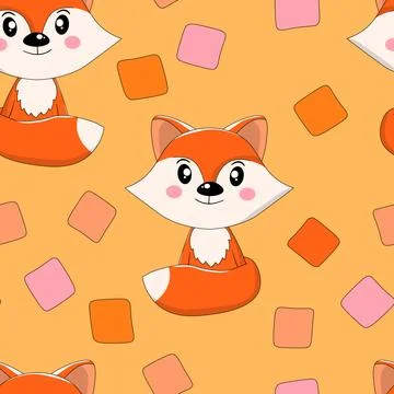 Seamless pattern with cute fox baby on color background. Funny forest animals イラスト素材