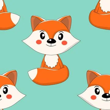 Seamless pattern with cute fox baby on color background. Funny forest animals Stock Illustration