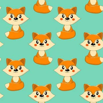 Seamless pattern with cute fox baby on color background. Funny forest animals イラスト素材