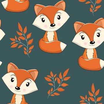 Seamless pattern with cute fox baby on color background. Funny forest animals 스톡 일러스트
