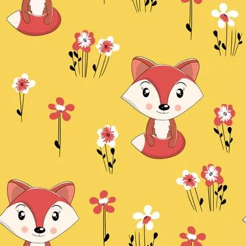 Seamless pattern with cute fox baby on color background. Funny forest animals イラスト素材