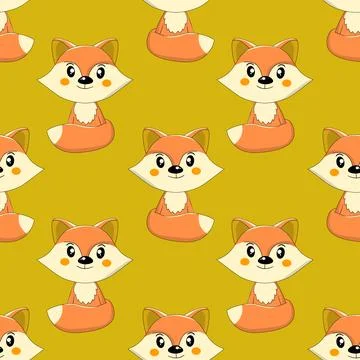 Seamless pattern with cute fox baby on color background. Funny forest animals Illustrazione stock