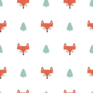 Seamless pattern with cute fox face in forest. Vector scandinavian illustration Stock Illustration
