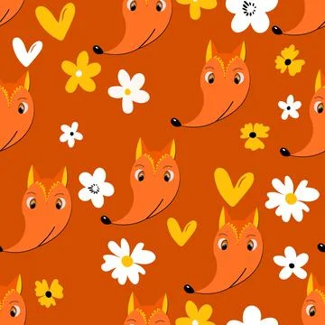 Seamless pattern with cute fox face on color floral background. Vector flat Stock Illustration