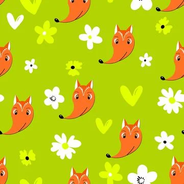 Seamless pattern with cute fox face on color floral background. Vector flat Illustrazione stock
