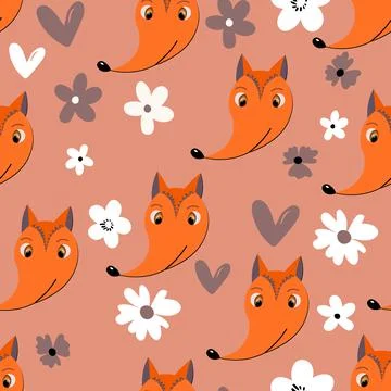 Seamless pattern with cute fox face on color floral background. Vector flat Stock Illustration