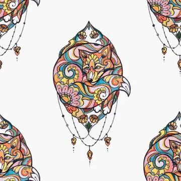 Seamless pattern of cute fox in flowers on a white background. Stock Illustration