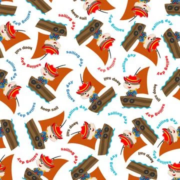 Seamless pattern with cute fox sailing on sailboat. Illustrazione stock