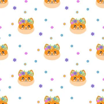 Seamless pattern with a cute fox with wreaths of flowers in cartoon style Stock Illustration