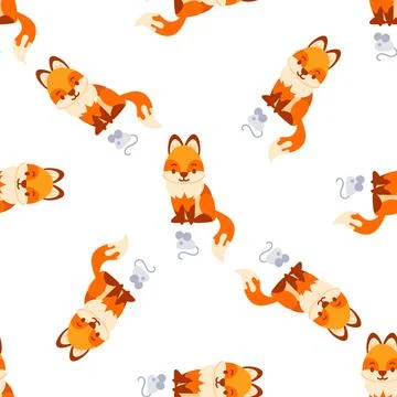 Seamless pattern with cute foxes and mice playing on white background Stock-Illustration