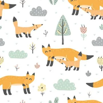 Seamless pattern with cute foxes - mother and baby Stock-Illustration