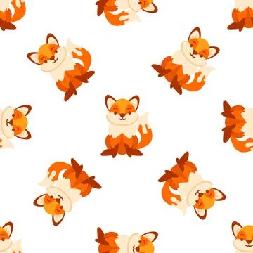 Seamless pattern with cute foxes sitting and playing on white background Stock-Illustration