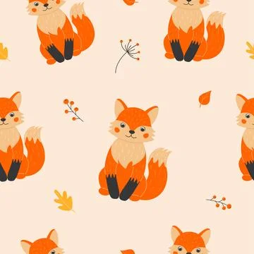Seamless pattern with cute foxes, twigs with berries and autumn leaves in c.. Illustrazione stock