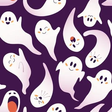 Seamless pattern of cute friendly ghosts on a dark purple background Stock Illustration