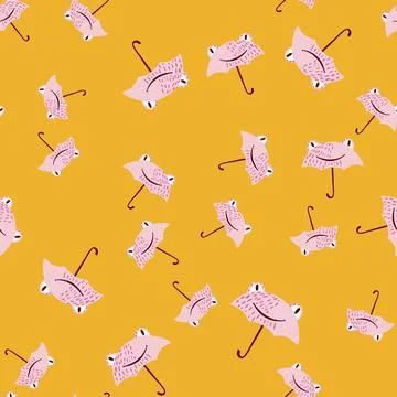 Seamless pattern cute frog umbrella. Background of funny accessory shape head 스톡 일러스트