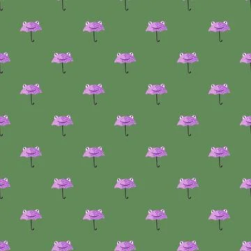 Seamless pattern cute frog umbrella. Background of funny accessory shape head 스톡 일러스트