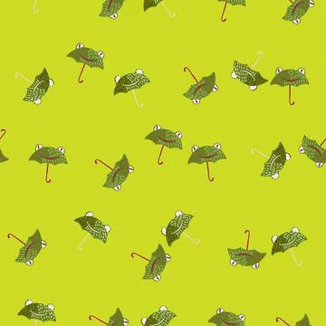 Seamless pattern cute frog umbrella. Background of funny accessory shape head 스톡 일러스트