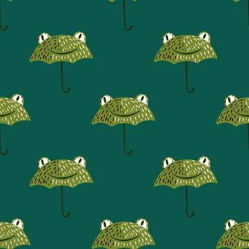 Seamless pattern cute frog umbrella. Background of funny accessory shape head Stock Illustration