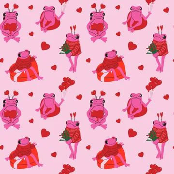 Seamless pattern with Cute frog with valentines decorations Stock Illustration