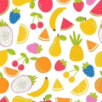 Seamless pattern with cute fruit. Summer tropical healthy food. Texture for.. Stock Illustration