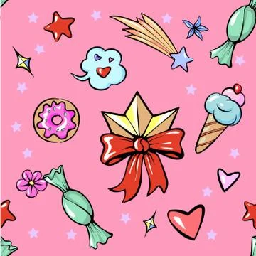 Seamless pattern cute fun trendy diadem sweets heart star icecream candy flower Stock Illustration