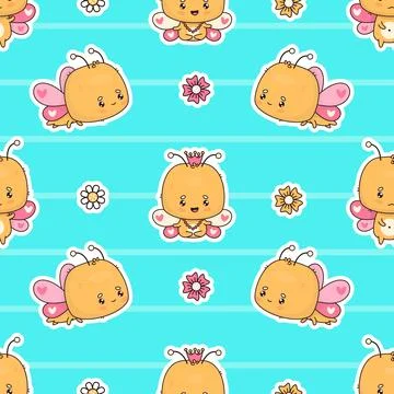 Seamless pattern with cute funny butterfly character on bright blue backgro.. Stock Illustration