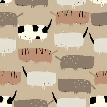 Seamless pattern with cute funny cats on beige background Stock Illustration