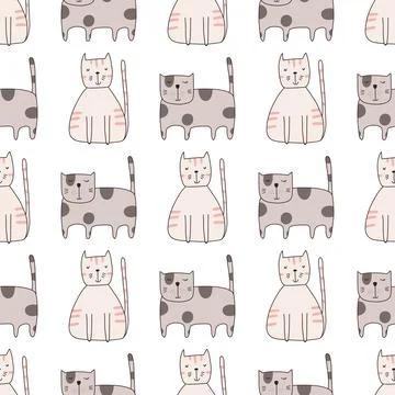 Seamless pattern cute funny cats. Endless background for printing. Hand-drawn Stockillustratie