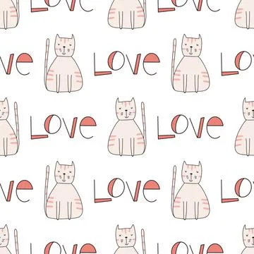 Seamless pattern cute funny cats. Endless background for printing. Hand-drawn Stock Illustration