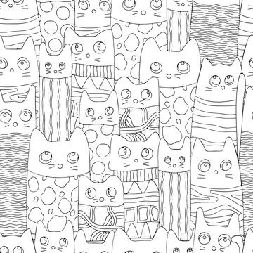 Seamless pattern with cute funny cats. Black and white background. Page for A Stock Illustration