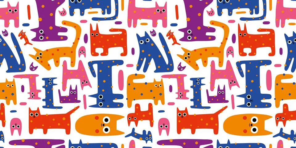 Seamless pattern with cute funny cats, colorful kitten, cartoon style. Tren.. Stock Illustration