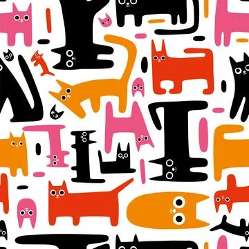 Seamless pattern with cute funny cats, colorful and black kitten, cartoon s.. Stock Illustration