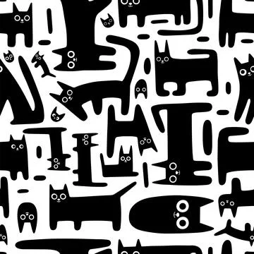 Seamless pattern with cute funny cats, black kitten on white background, ca.. Stock Illustration