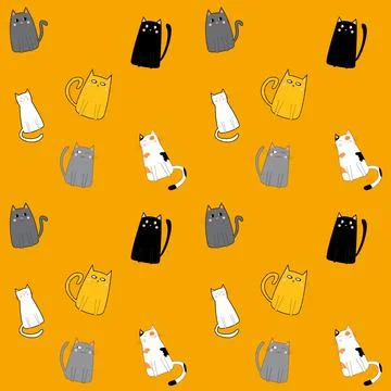 Seamless pattern of cute funny colorful cats. Doodle cartoon style. Backgroun Stock Illustration